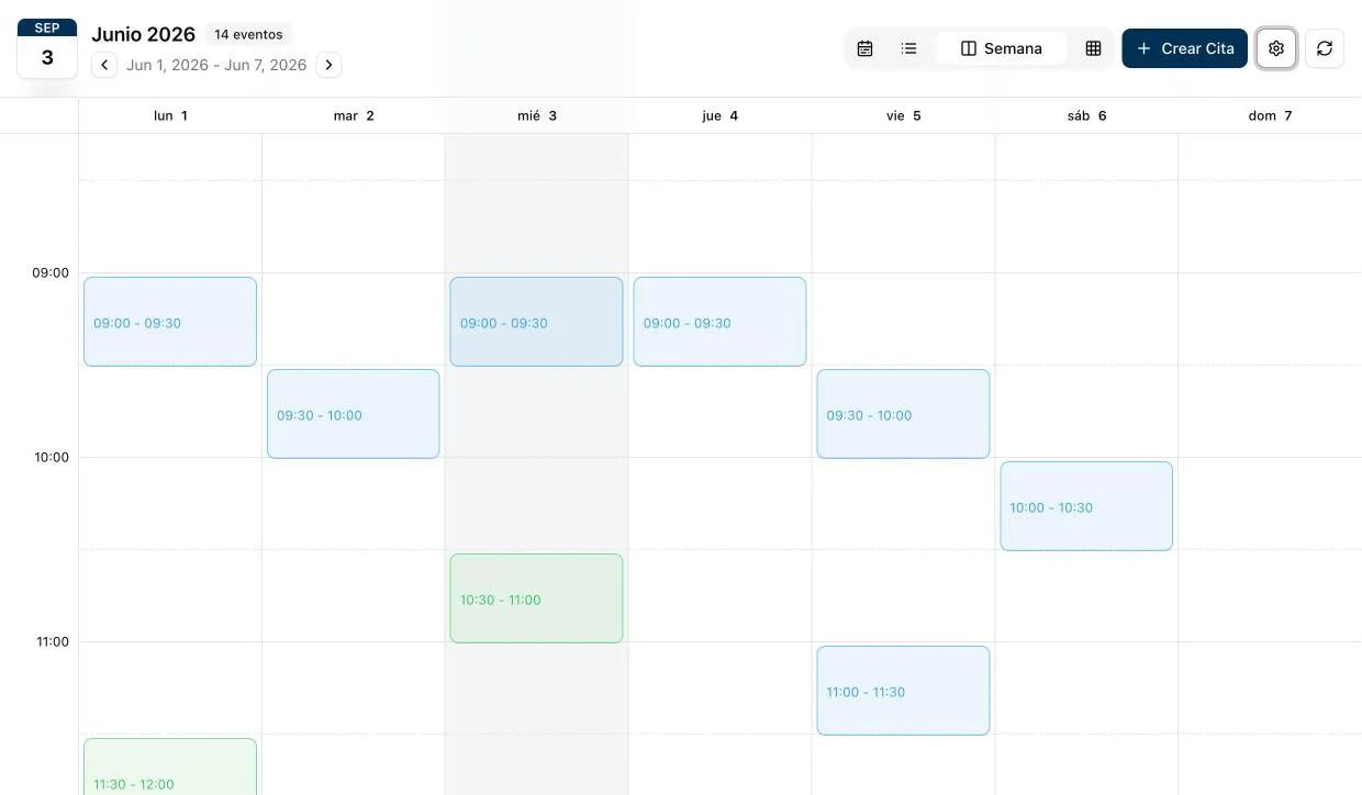 Agenda semanal real del software, con las citas de una semana repartidas por horas y días