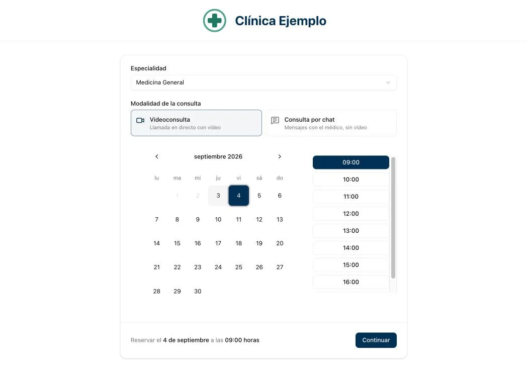 Página pública de reservas: la clínica con su logo y su nombre, especialidad, modalidad de la consulta, calendario del mes y huecos para elegir